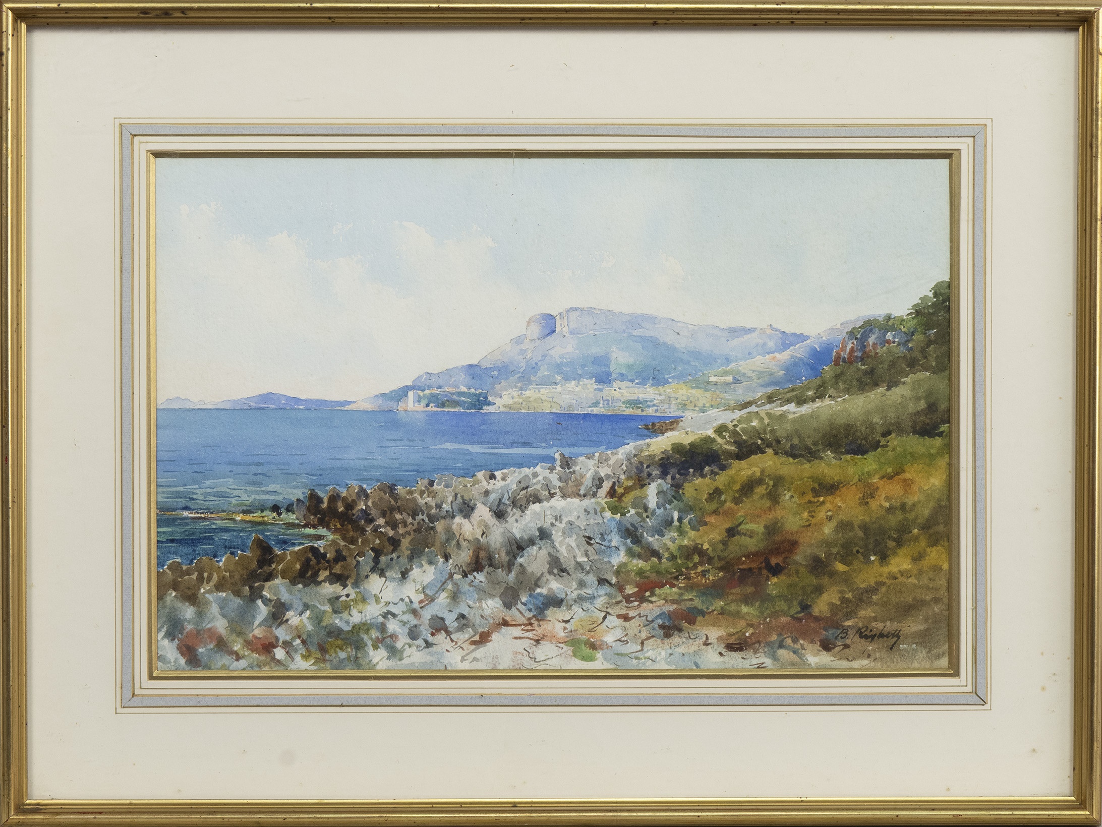 A VIEW TO MONTE CARLO, A WATERCOLOUR BY BERNARD ANTOINE RIGHETTI