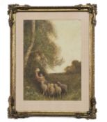 MOTHER, DAUGHTER AND SHEEP, A WATERCOLOUR BY FRED HINES