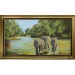 M RAMSAY (BRITISH 20TH CENTURY), ELEPHANTS IN THE SAVANNAH