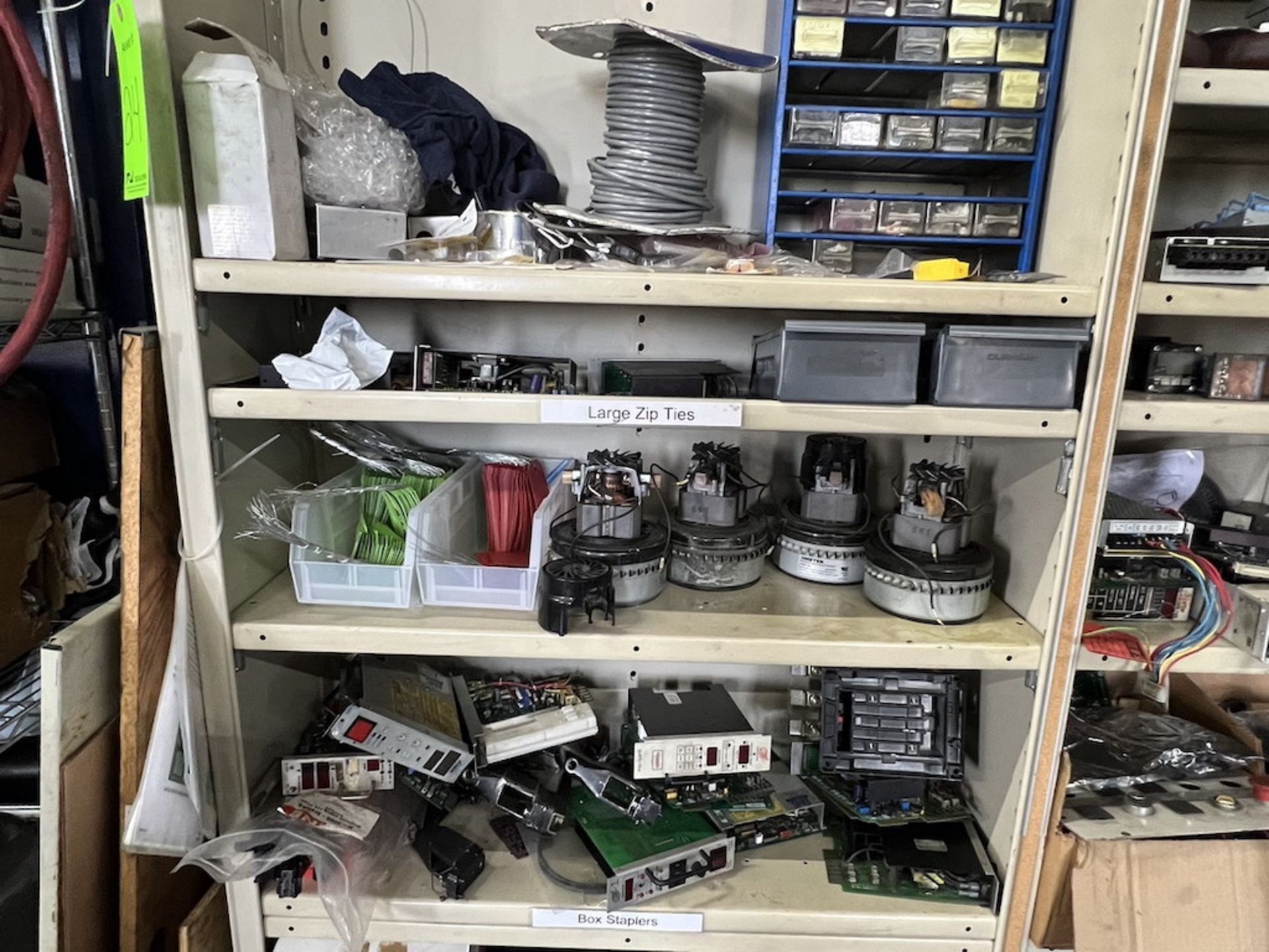 (1) Lot of (4) Sectional Storage Racks, with Wire Spools, Switches, Mertek Motors etc. - Image 4 of 16