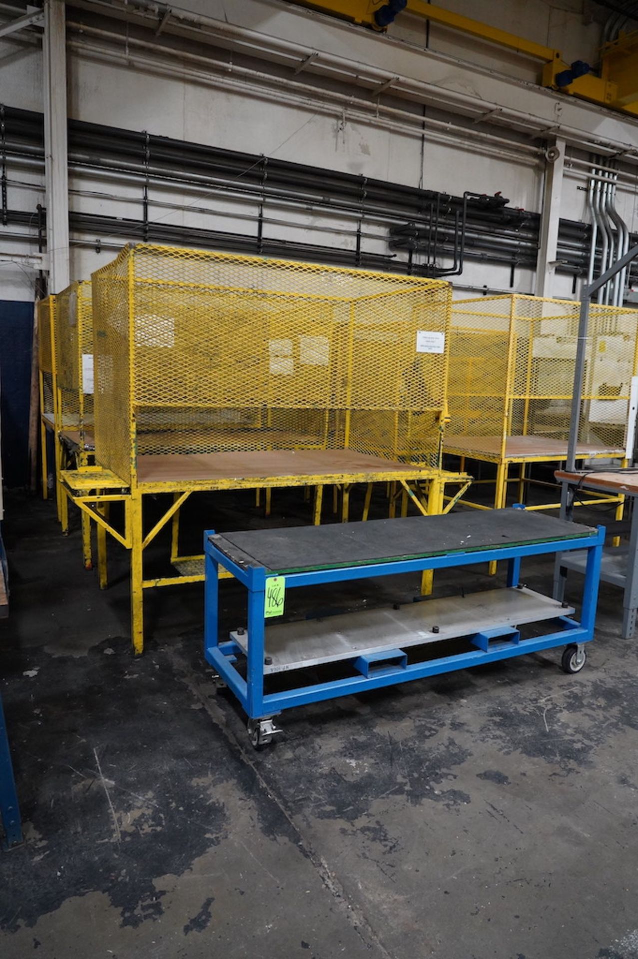 (3) Enclosed Cage Tables with (1) Rolling Table Cart with Fork Lift Grabs