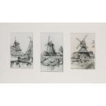 Three drawings of windmills all framed in one frame. Two of them are signed "v. Berkel".