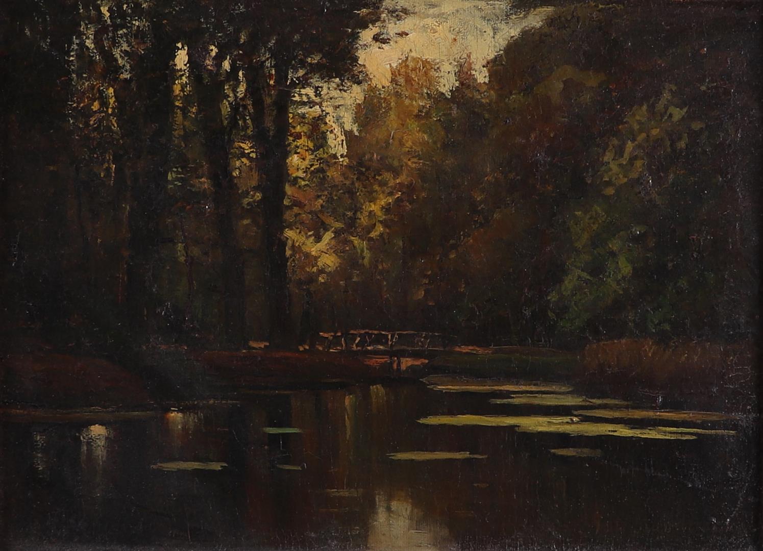 Frits Mondrian (The Hague 1853 - 1932), A pond with a bridge in the Haagse Bos, 