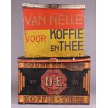 A lot of two vintage stock tins by Van Nelle and Douwe Egberts. Dented.