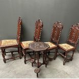 A set of (4) richly carved oak Neo Renaissance dining room chairs with a fabric seat.