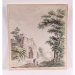 Dutch School, ca. 1780, Travellers along a moat. Ink wash and watercolor on paper, unframed.