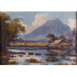 Indonesian school, ca. 1930, Sawa landscape with volcano, oil on canvas on panel, marouflé.