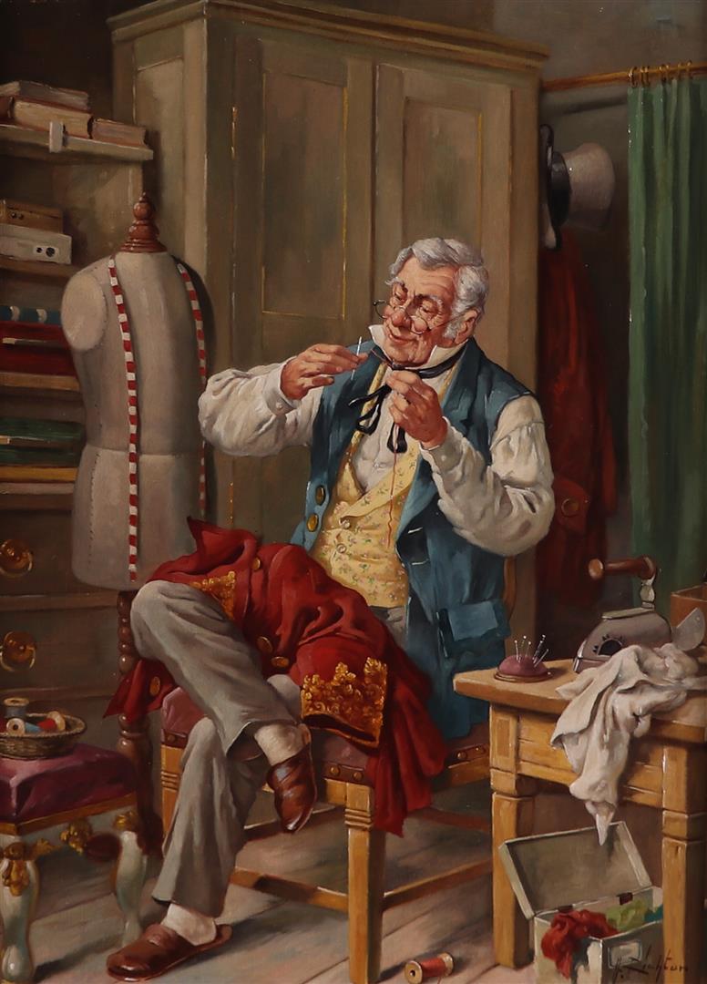 Hans Rudolf Richter (b.: Austria 1920 - ?), The tailor, signed (lower right), oil on canvas.