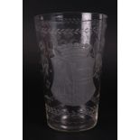A large mouth-blown and etched glass vase with family coat of arms with a crown