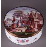 An enamel lidded box depicting merry company in front of an inn. France, 19th century.