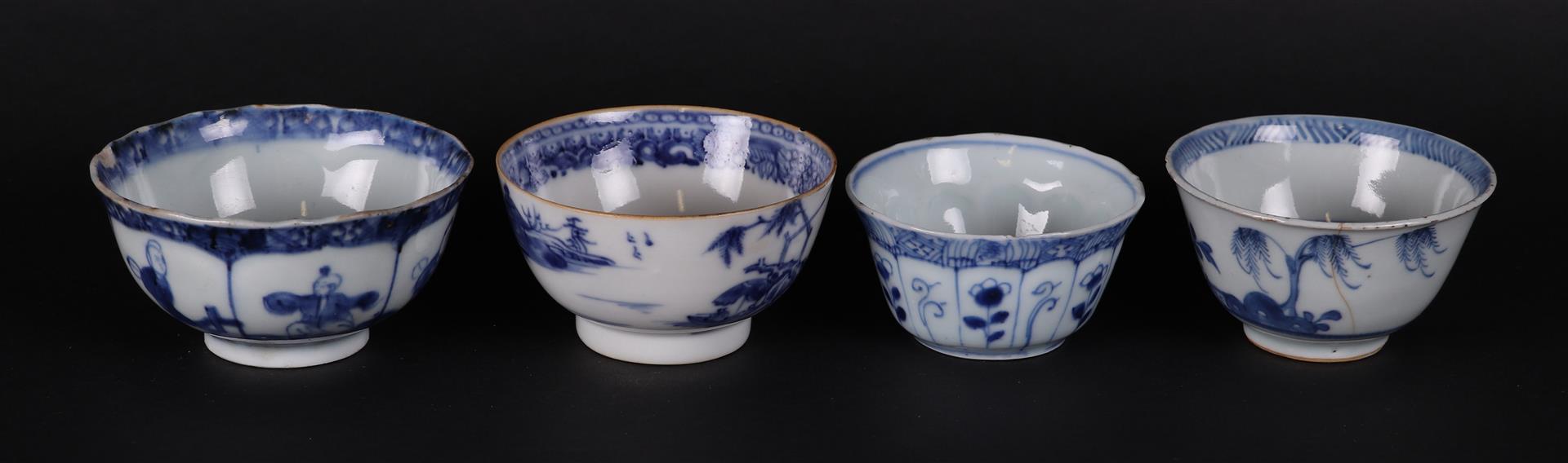 Four various porcelain bowls, 2x with willow decor, 1x with playing fools,  with landscape decor.