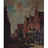 Dutch School, 20th century, Cityscape with figures, signed "V. Dokkum" (lower right)
