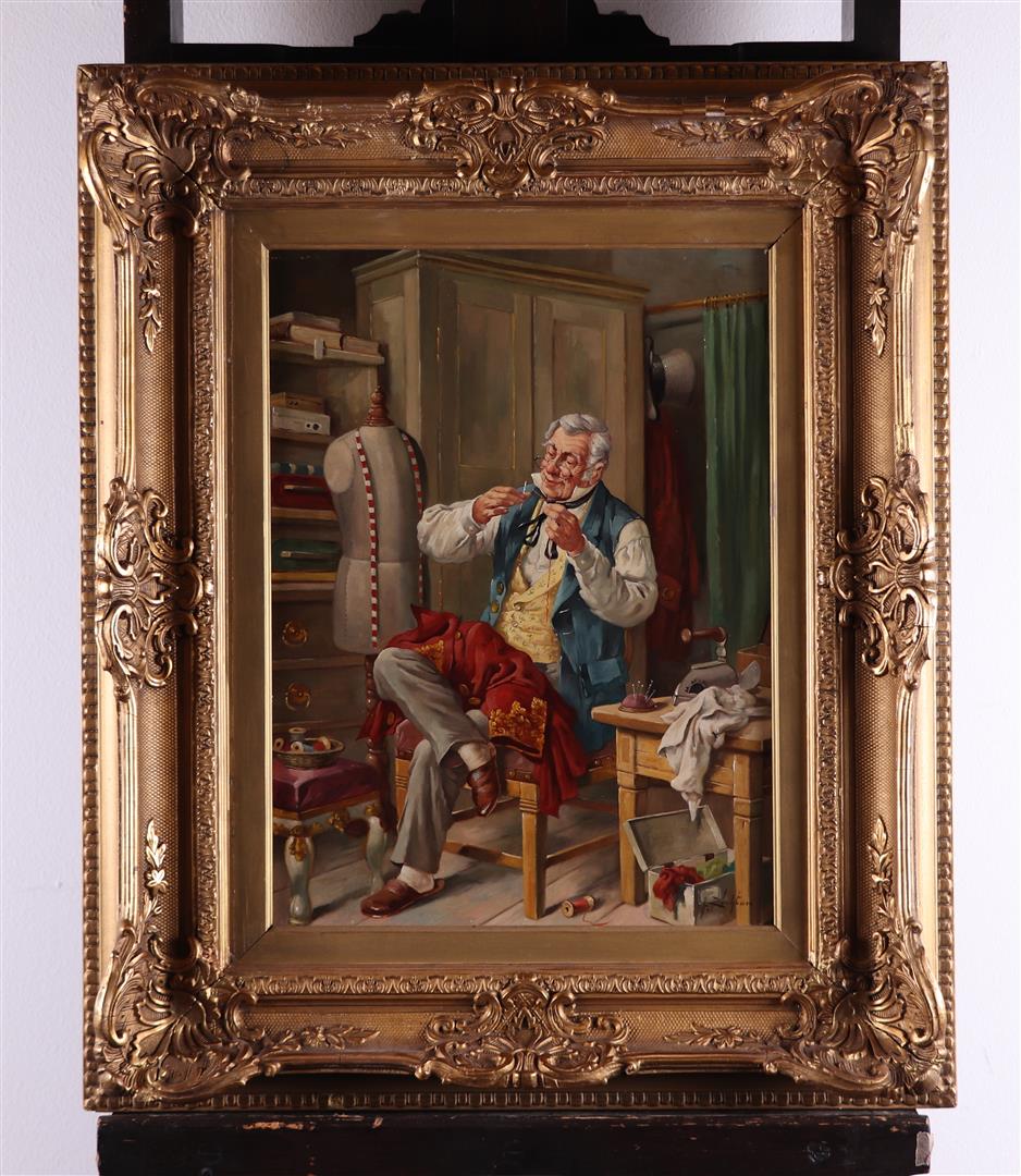 Hans Rudolf Richter (b.: Austria 1920 - ?), The tailor, signed (lower right), oil on canvas. - Image 3 of 4