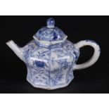 A porcelain angled teapot with decoration of crab, perch and shrimp between lotus flowers.