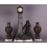 A mantel clock set , consisting of a mantel clock and two vases in the shape of a lighthouse