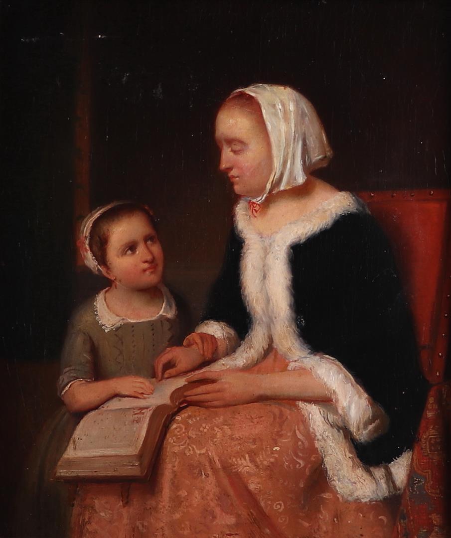 Dutch School, 19th century, An interior with mother and child, oil on canvas.