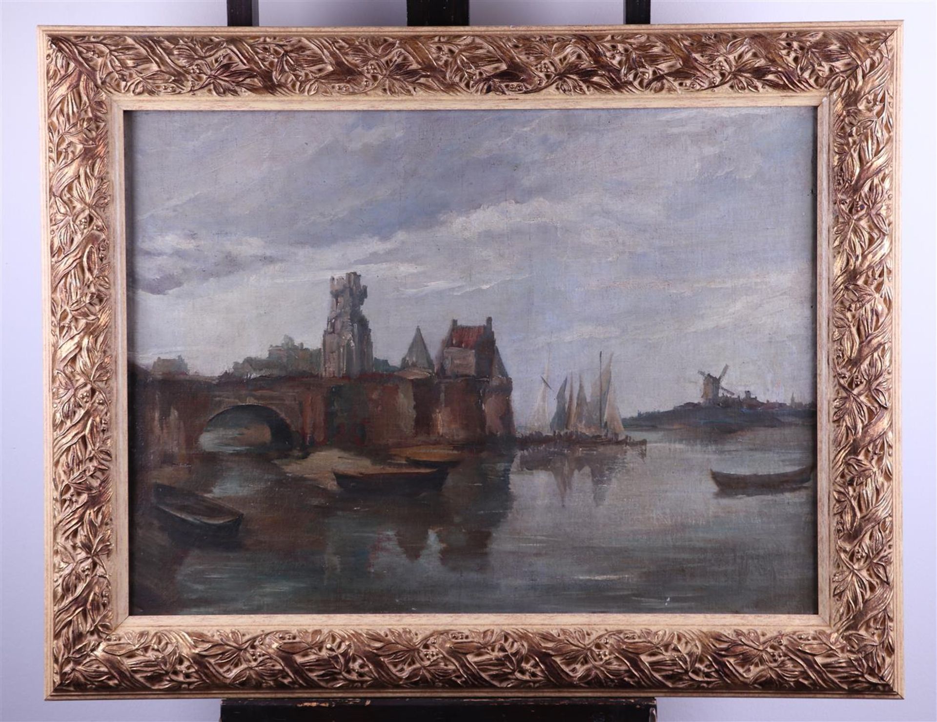 Belgian School, 19th century, A canal  on a Belgian town, oil on canvas, - Image 2 of 3