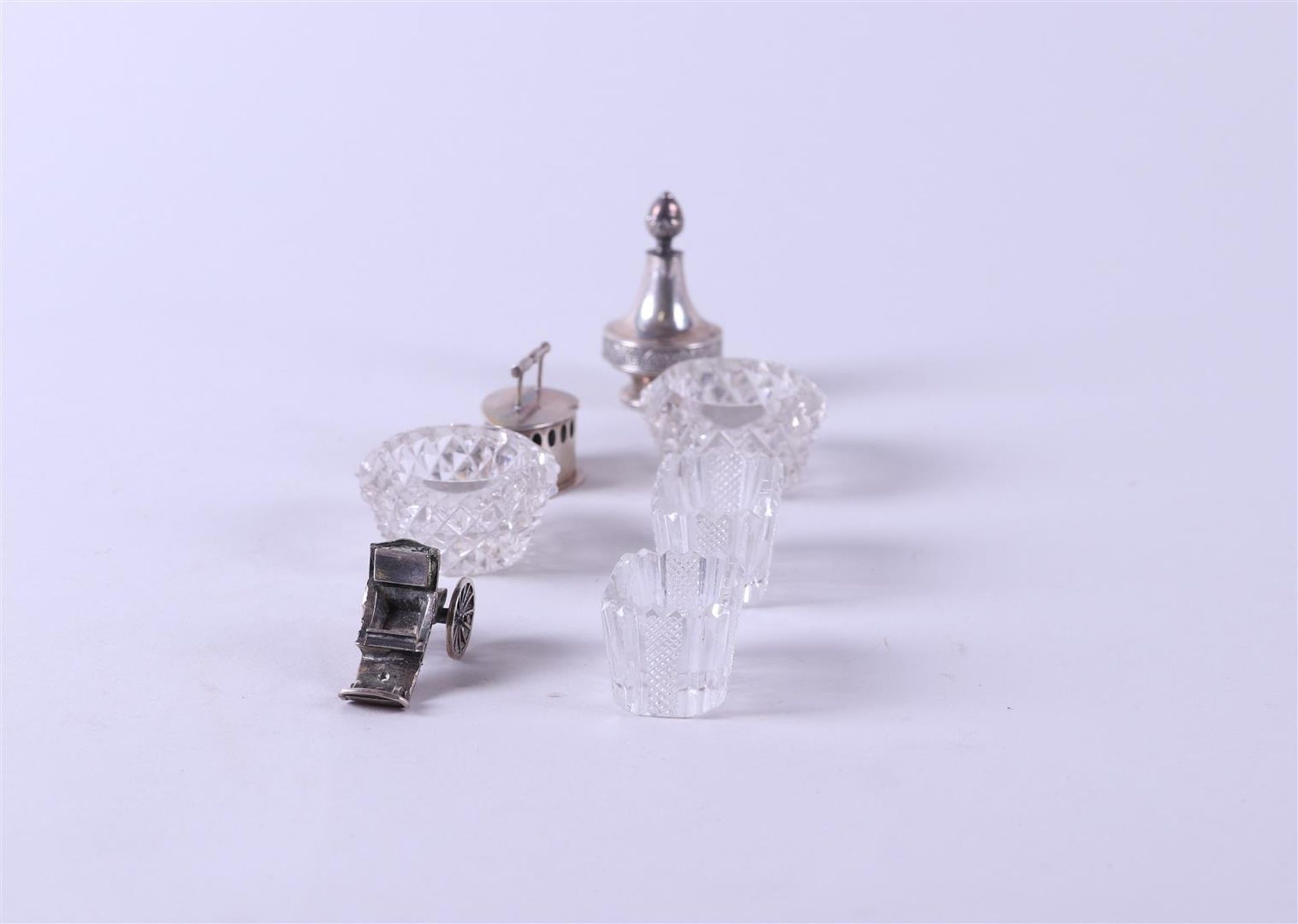 A lot consisting of three silver miniatures (one damaged), plus two sets of cut glass salt cellars. - Image 3 of 3