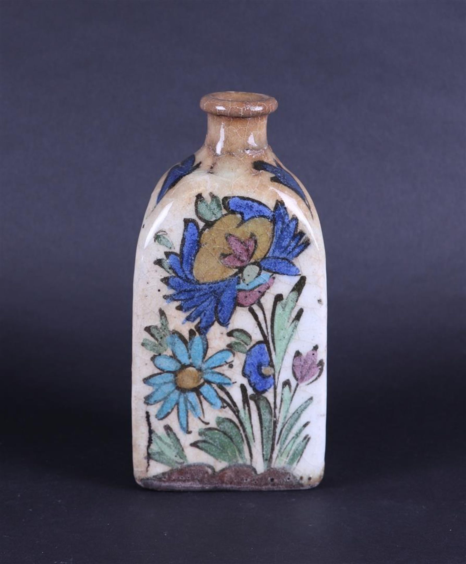 A Qajar pottery bottle decorated with decor of animals and plants. Persia, 19th century. - Image 2 of 4