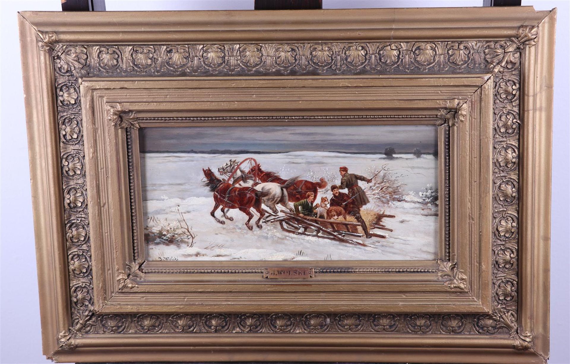 Janus Wolski, 19th century, "Fahrt zur Jagd" / Troika in the snow, signed, oil on panel. - Bild 2 aus 4