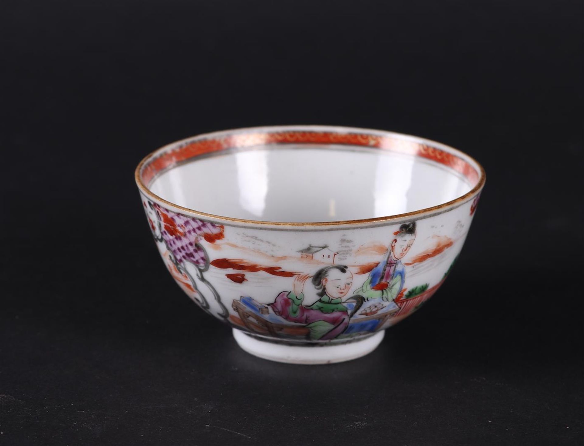 A porcelain Famille Rose bowl (Manderin) with landscapes and figures in compartments .  - Image 2 of 5