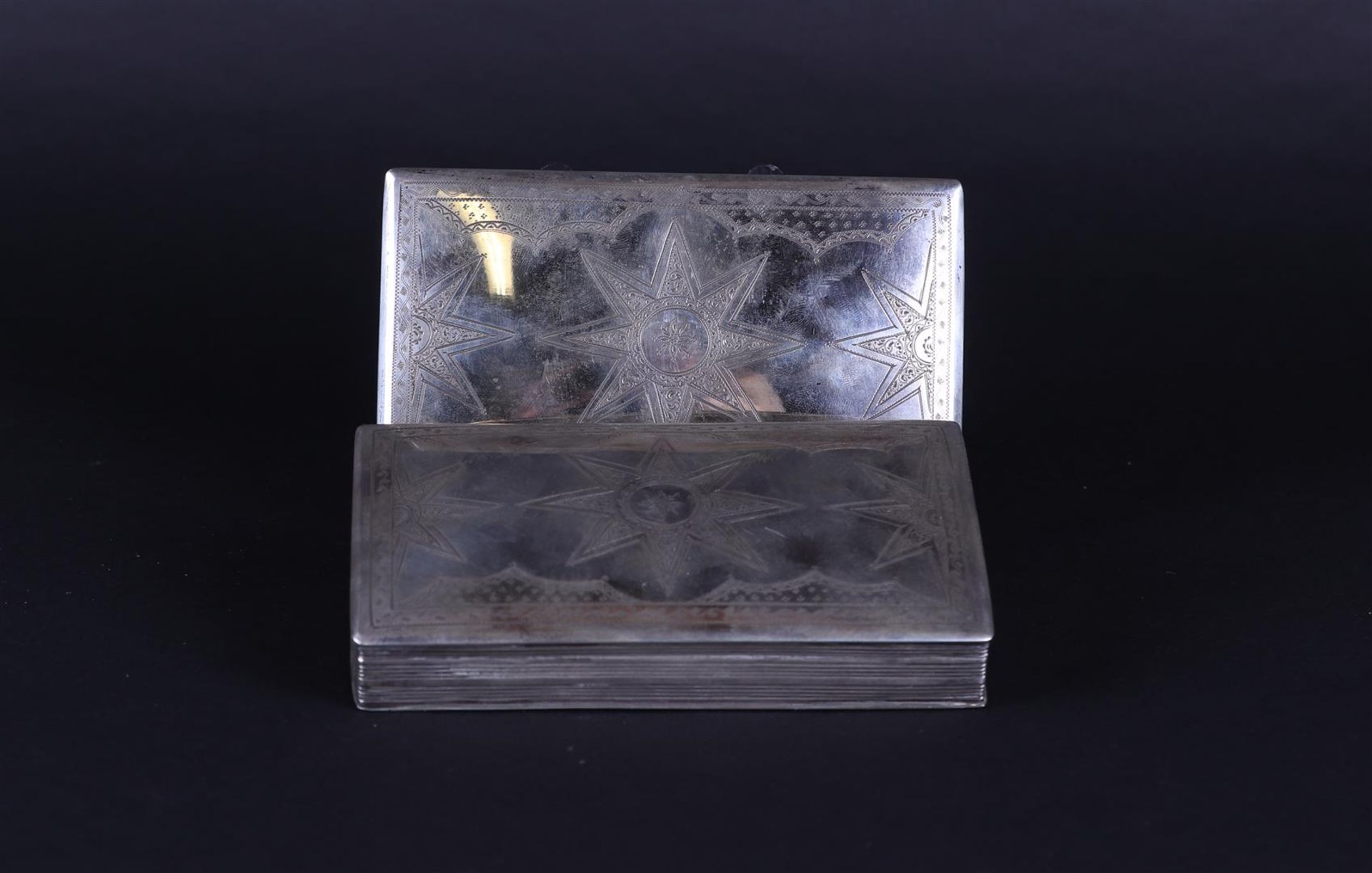 One of two identical silver tobacco boxes, inscription on the inside of the lid. Netherlands,