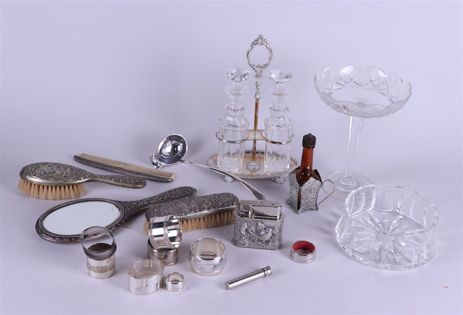 A lot of various silver-plated objects and glassware, including a vinegar set.