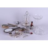 A lot of various silver-plated objects and glassware, including a vinegar set.