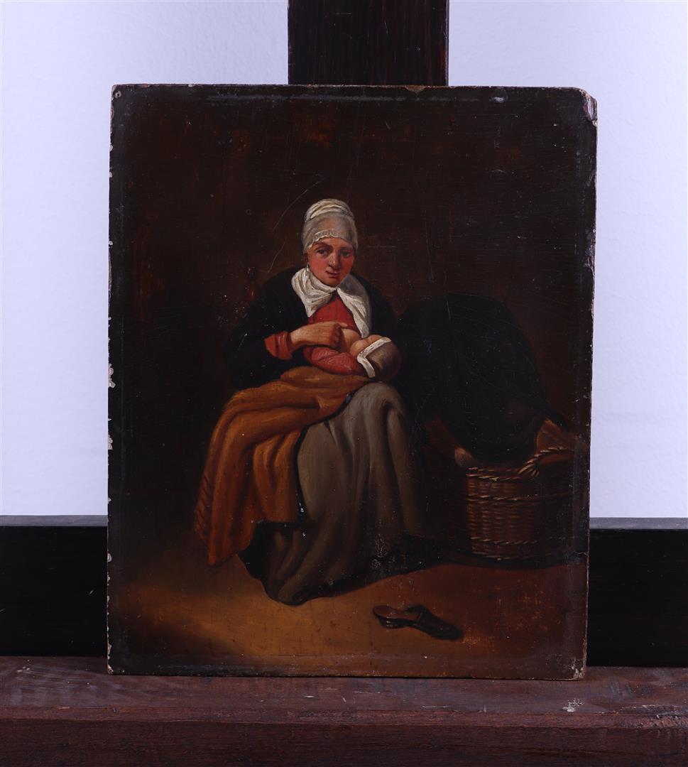 A lot  with (2) 19th century painting of mother in interior. Resp.: Laborbed, and feeding the baby. - Image 3 of 4