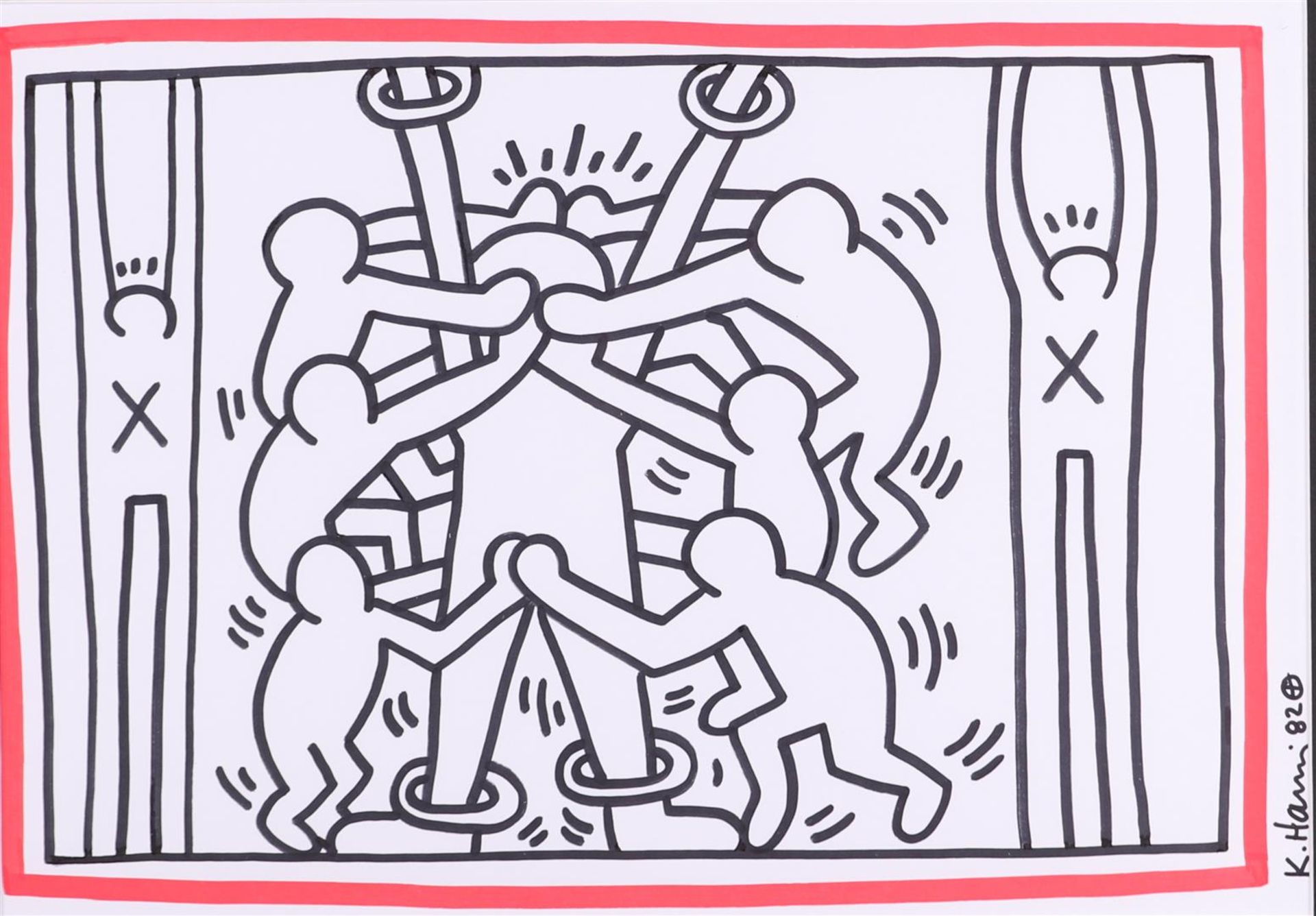 Keith Haring (Reading  1958 - 1990 New York), (after), Drawing in black and red felt-tip pen, 