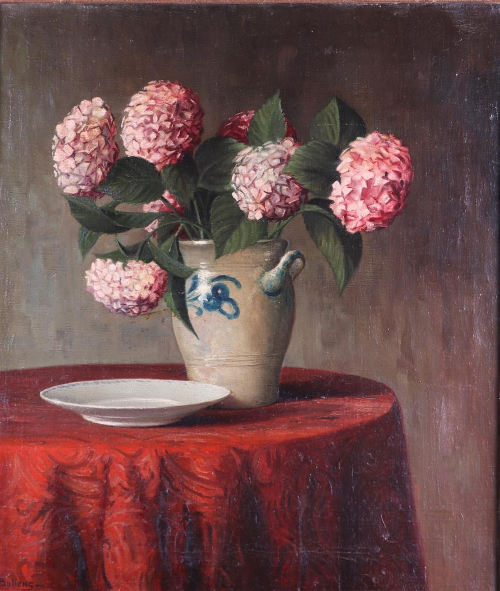 Hendrikus Petrus Bullens (Stiphout 1909 - 1983 Helmond), Still life of flowers in a Cologne pot. 