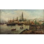 Belgian School, ca. 1900, View in the harbor of Antwerp, signed indistinctly, and dated "1898"