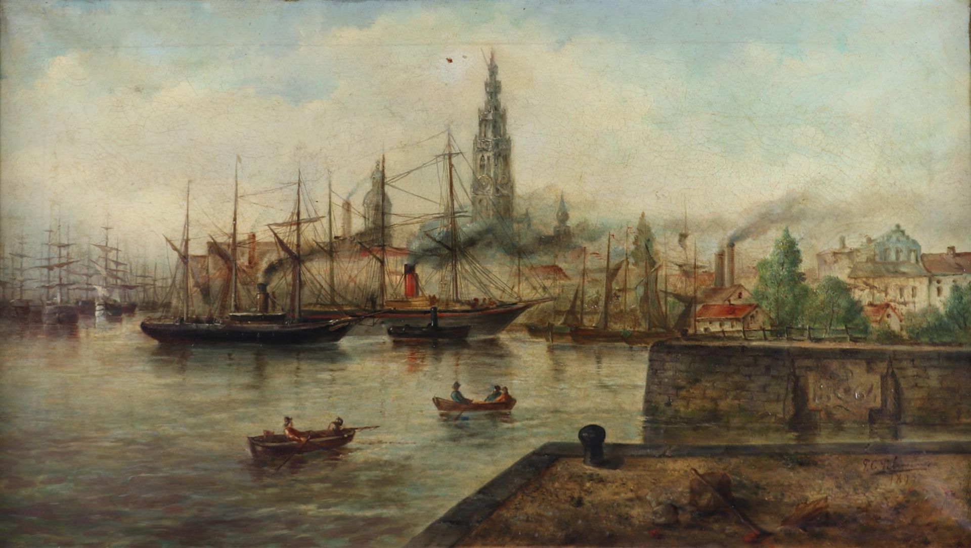 Belgian School, ca. 1900, View in the harbor of Antwerp, signed indistinctly, and dated "1898" 