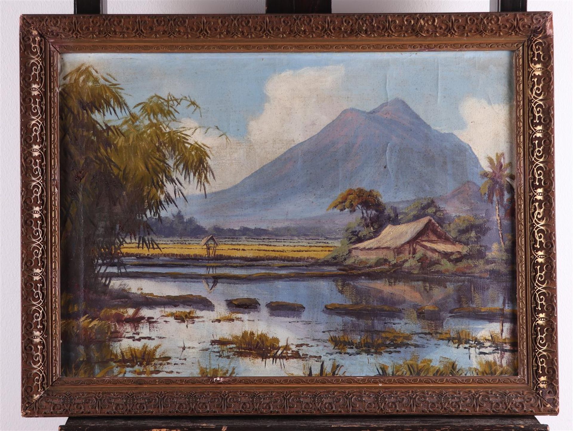 Indonesian school, ca. 1930, Sawa landscape with volcano, oil lon canvas laid down on panel, . - Bild 2 aus 3