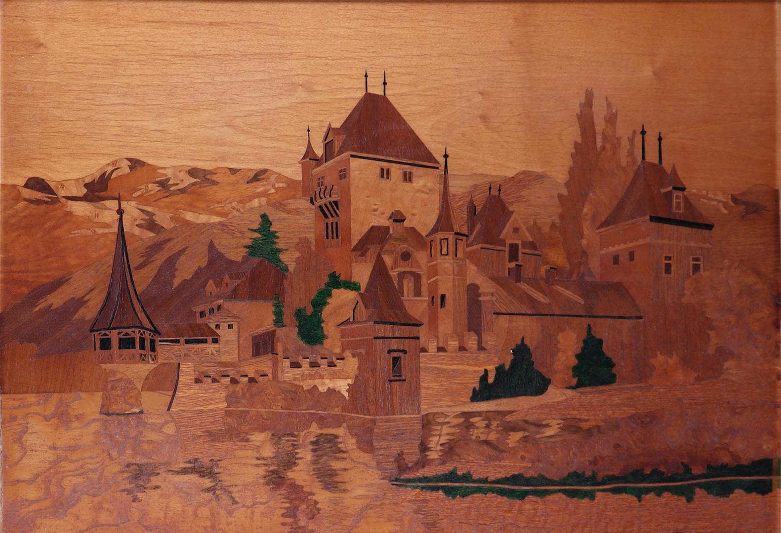 A marquetry depiction of a castle on a lake, presumably Switzerland/Italy