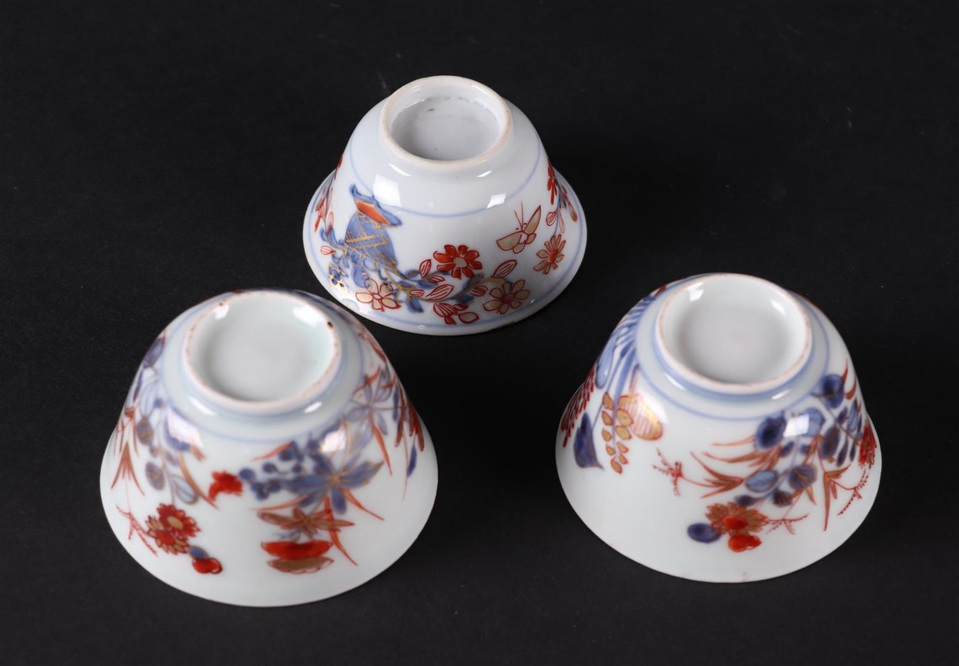 Three  different porcelain Imari bowls with lotus decor, and with flower basket decor.  - Image 4 of 4