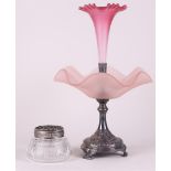 A lot comprising a pink glass and silver piece de milieu and a silver flower plug.