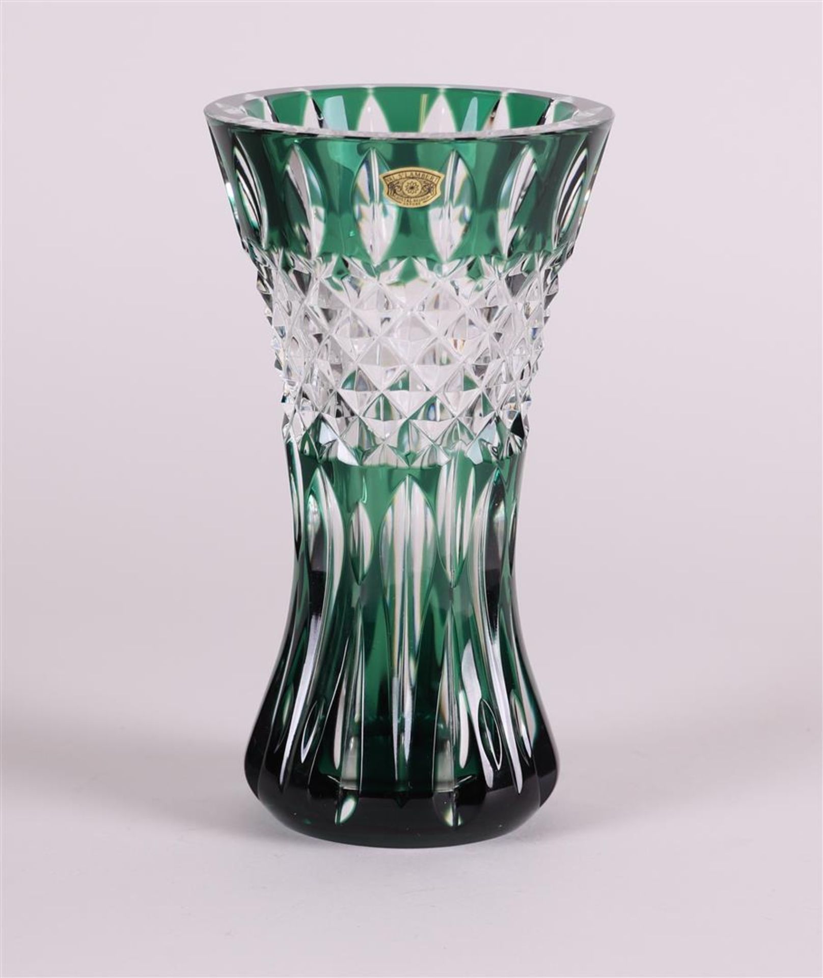 A green crystal cut vase, in original box. Val Saint Lambert.