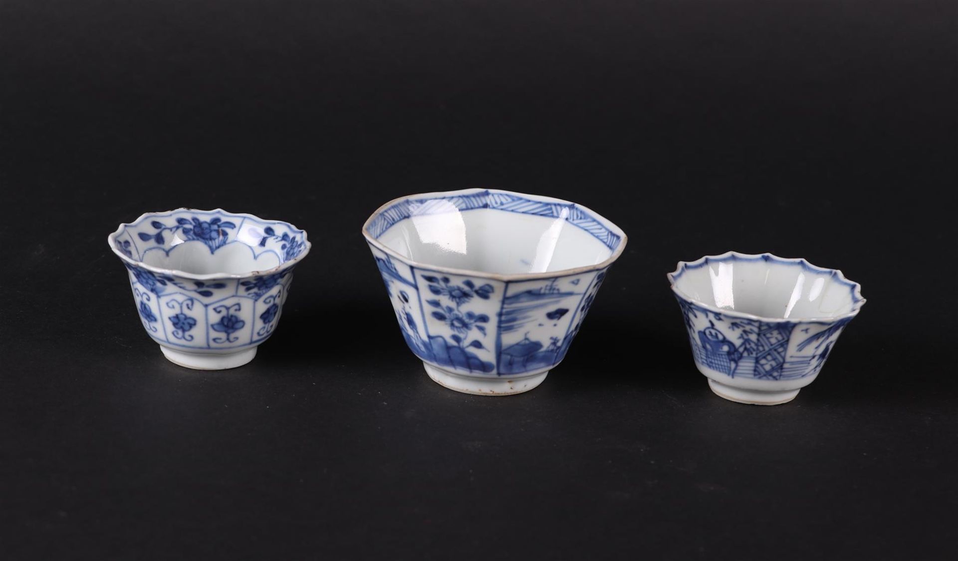 Three various porcelain angled bowls, with floral decor and river landscapes. China Qianlong. - Image 2 of 4