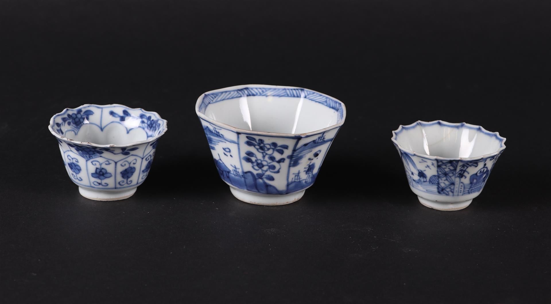 Three various porcelain angled bowls, with floral decor and river landscapes. China Qianlong.