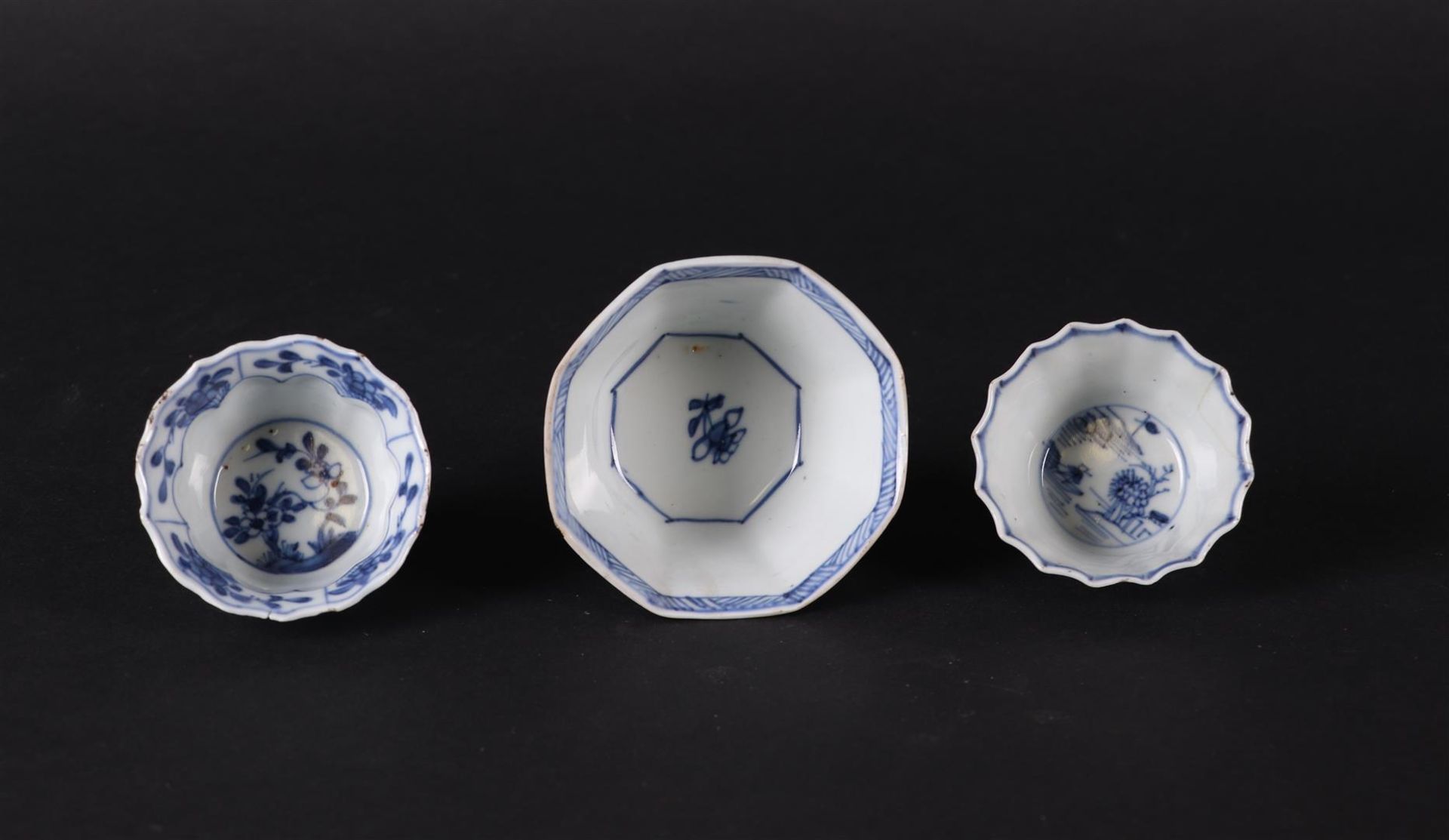 Three various porcelain angled bowls, with floral decor and river landscapes. China Qianlong. - Image 3 of 4