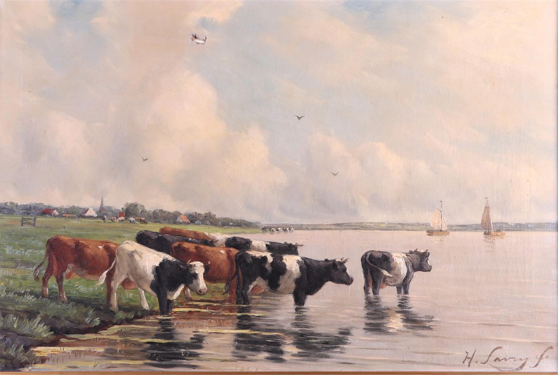 Attributed to  Hendrik Savrij (1822 - 1907), Cows on the waterfront, signed , oil on canvas.