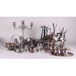 A lot of various (silver plated) objects including a candlestick and a tea set.