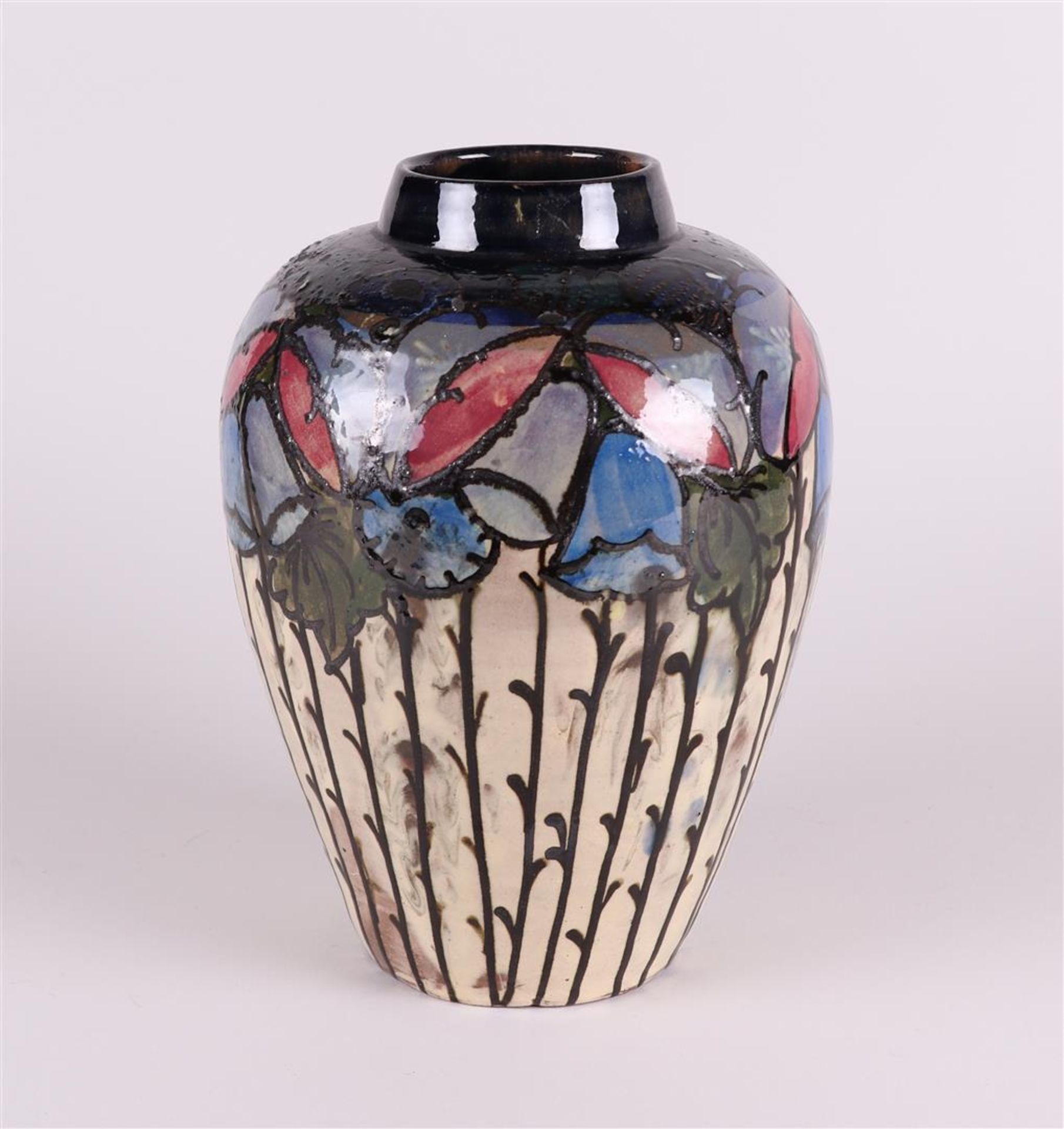 An Art Nouveau style polychrome painted earthenware vase, marked: "Bovey". Early 20th century. - Image 3 of 4
