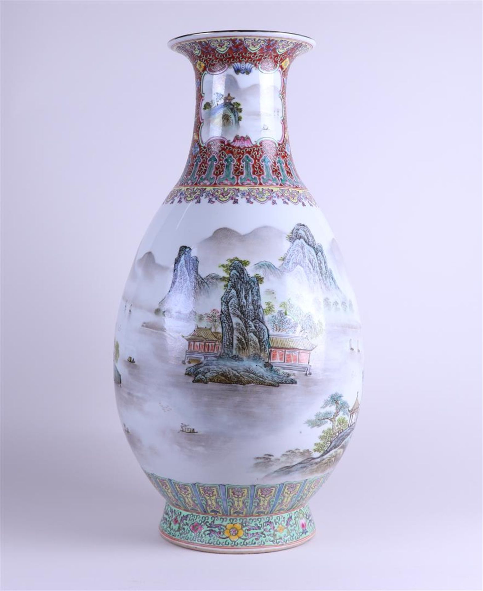 A large porcelain Famille Rose vase with landscape decor, marked Qianglong. China, 20th century.