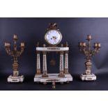 A white marble Garniture de Cheminee, consisting of a column clock with square columns