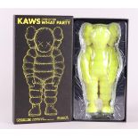 Brian Donnely aka KAWS (b. New Jersey 1974), What Party Chum yellow figure packaging and box. .