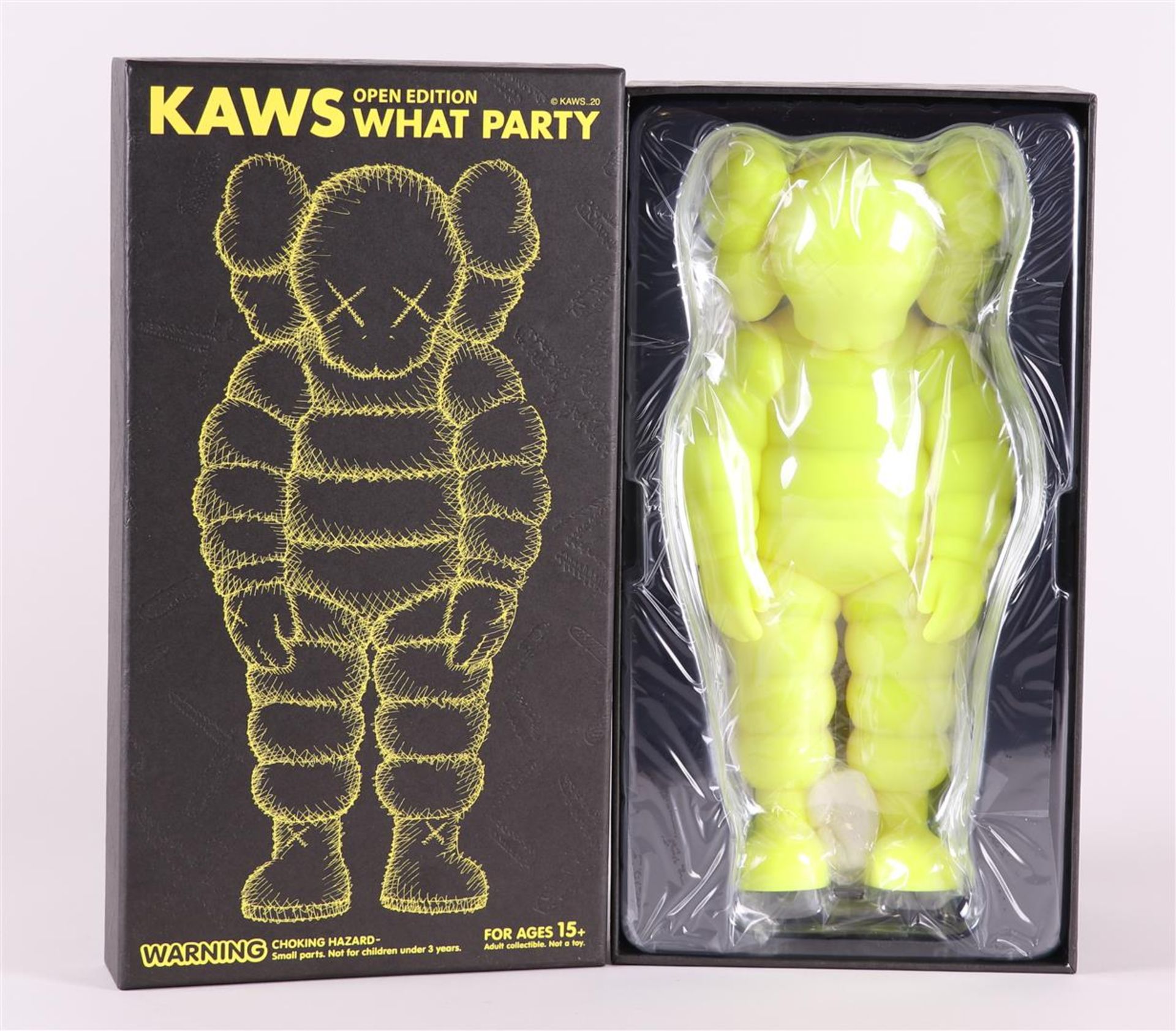 Brian Donnely aka KAWS (b. New Jersey 1974), What Party Chum yellow figure packaging and box. .