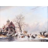 J.J. van Elewout, Dutch XX, Dutch river landscape in winter with a skaters near a toll house, signe