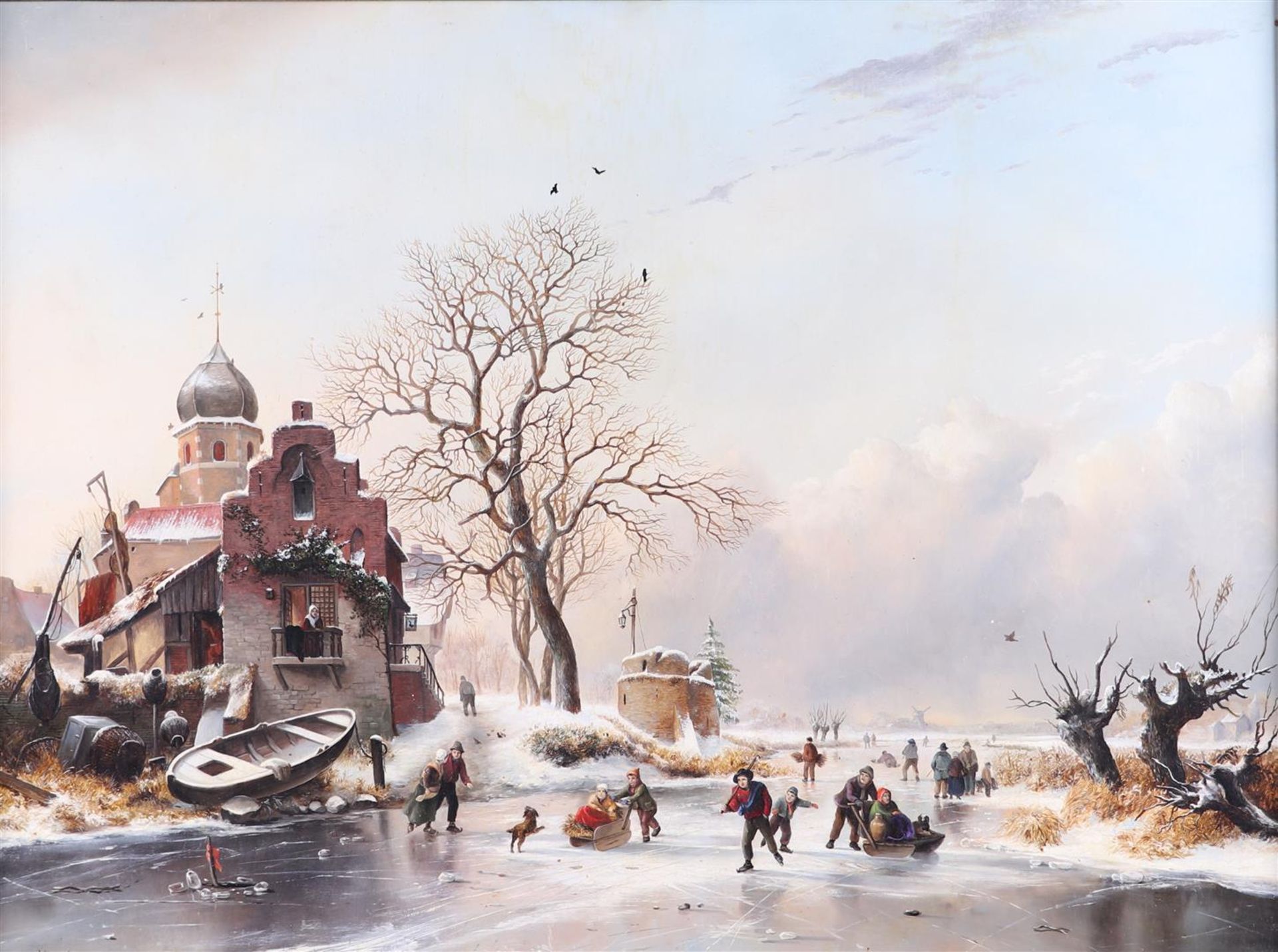 J.J. van Elewout, Dutch XX, Dutch river landscape in winter with a skaters  near a toll house, signe